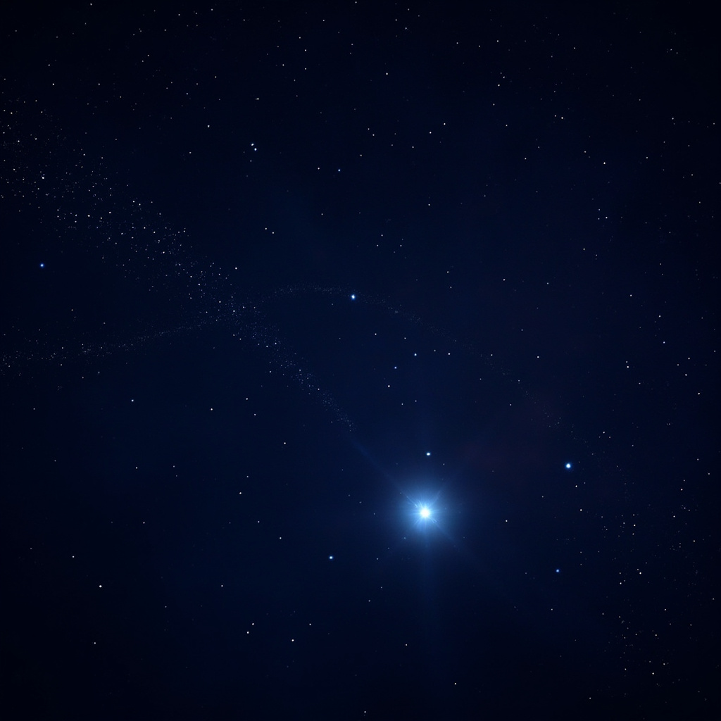 深空宇宙插画：超弥散星系 UGC 9050-Dw1 在画面右侧发出淡蓝色辉光，一条极细的、由球状星团被潮汐撕碎形成的星流曲线横贯画面，背景是深邃的宇宙深蓝与紫色
