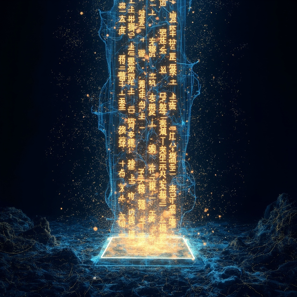 神经网络从噪声画布同步印刷成段落的概念图，底部 GPU 芯片向上放射冷蓝色电路光