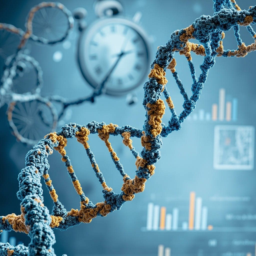 DNA double helix with methyl group markers and a stylized clock face representing the epigenetic clock measuring biological age