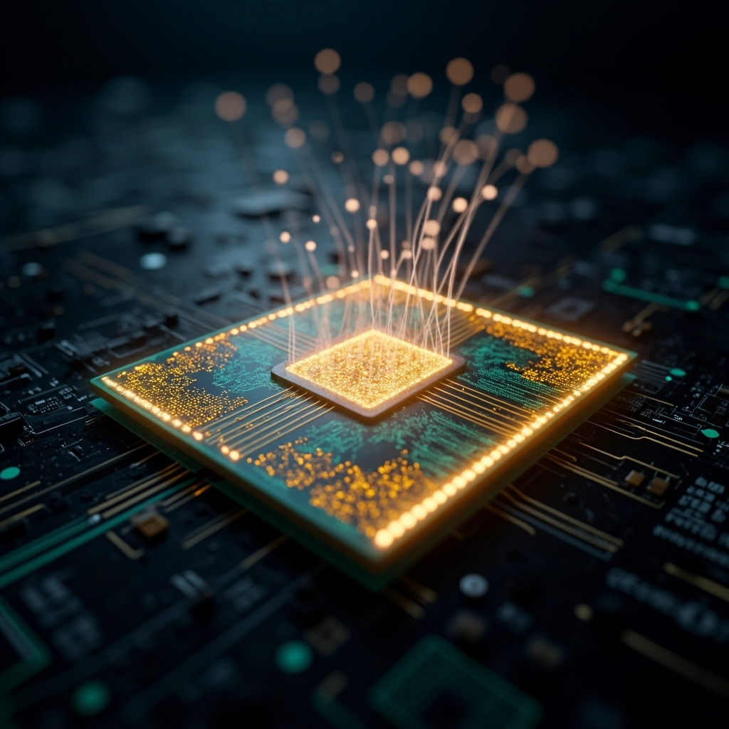 现代 GPU 裸片上张量核心阵列与解耦执行纤维的概念示意图，纤维以发光细线悬浮于共享寄存器池之上