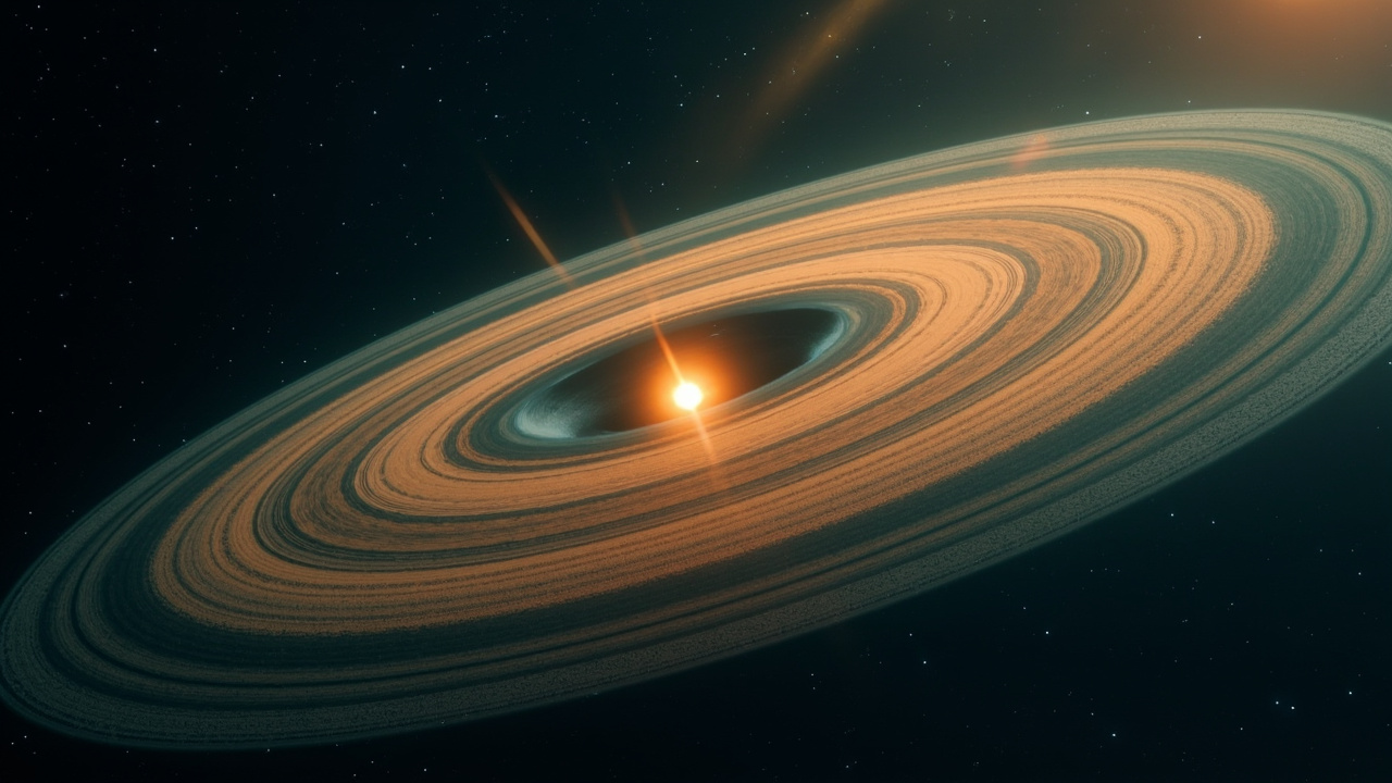 一颗被小型日冕仪遮掩的年轻恒星周围，原行星盘以倾斜的暖琥珀色尘埃环呈现，内边缘锋利、外环淡青色延伸、可见行星扰动造成的环缝与翘曲结构