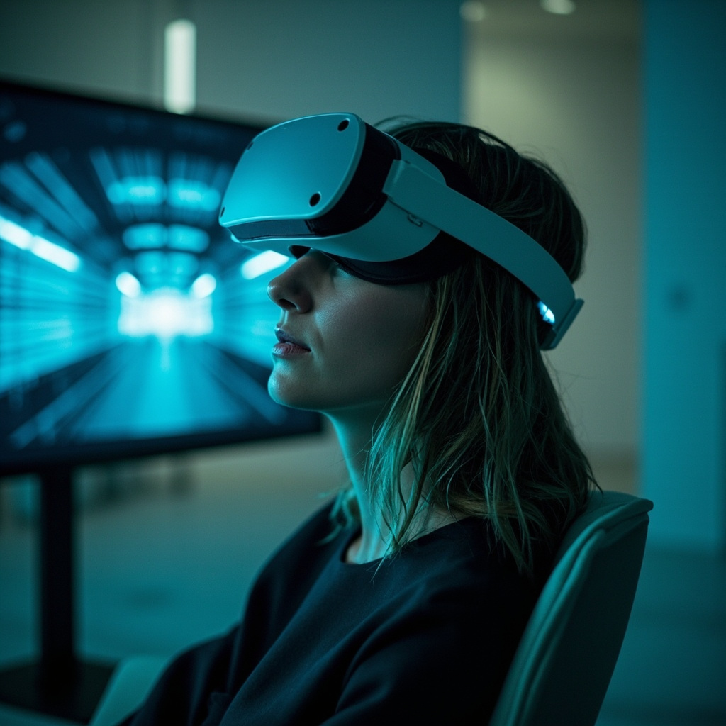 佩戴现代 VR 头显的女性坐直身体,自然向虚拟场景侧身,头显内显示前进走廊以表现动线