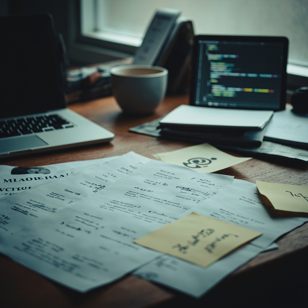 木桌上散落着 GitHub 打印代码、便签和半空的咖啡杯，象征 AI 代码训练数据污染