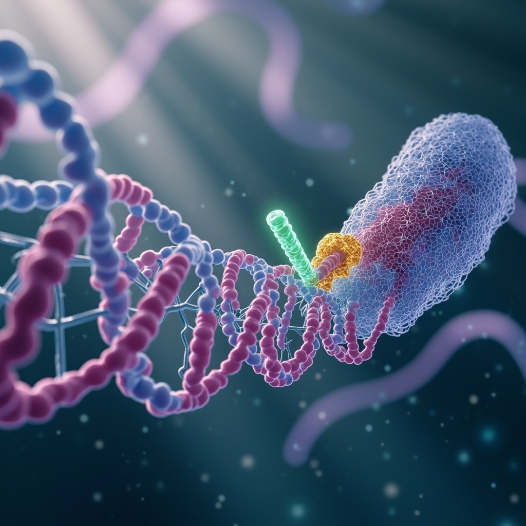 蛋白质机器在细菌染色体上精准插入外源基因片段的科研插图