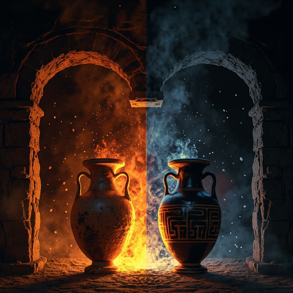 古希腊黑绘陶器烧制工坊剖面图:陶炉内氧化-还原-中性三段温控火焰分层与成品镜面黑釉对比