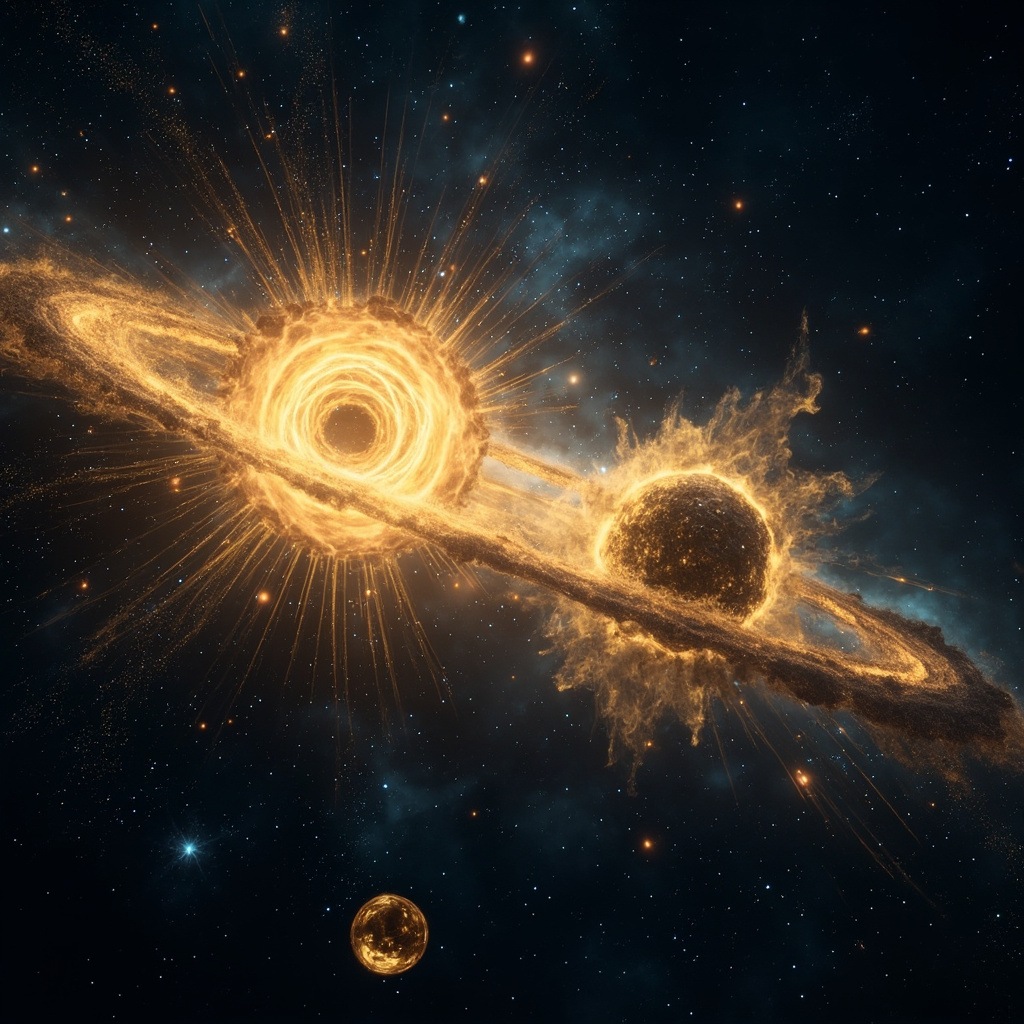 Two neutron stars colliding in deep space, releasing spiraling gold-colored particles from a kilonova explosion