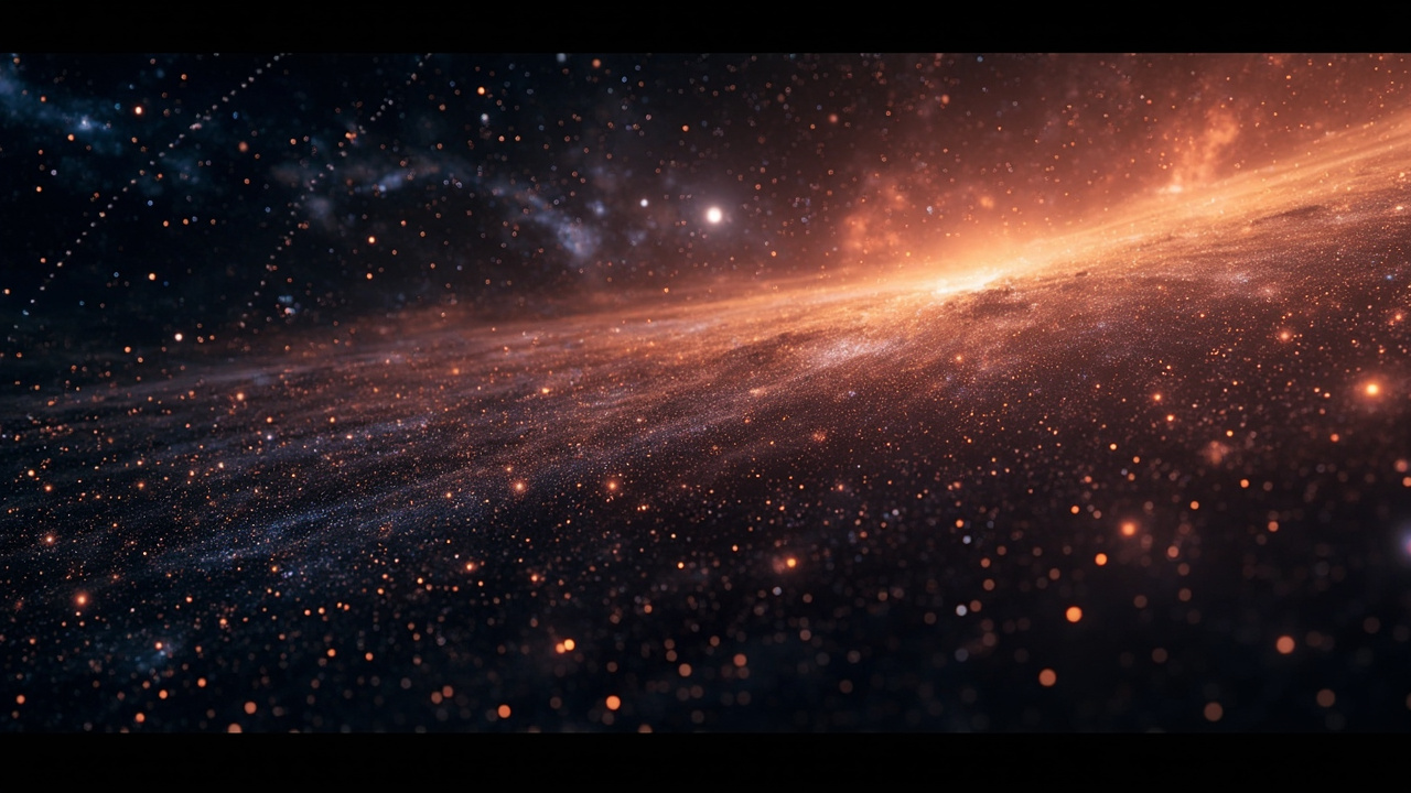 三维宇宙网地图：数以千计的星系与类星体沿纤维丝分布，背景为加速膨胀的遥远红色星系