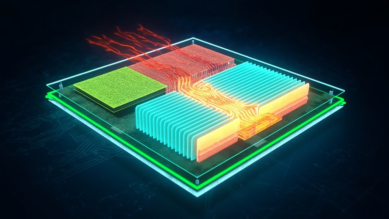 三层堆叠 GPU 与共封装光学芯片及铁电极化调谐环的跨层示意:晶圆级光互连在 GPU 热负载下出现波长漂移与调谐停顿