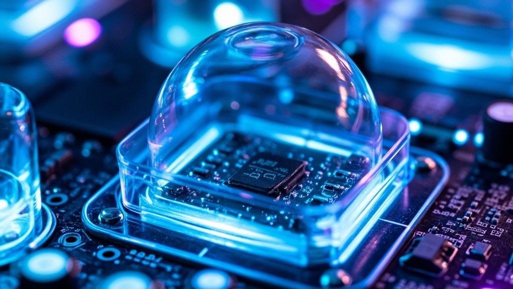 能力化 RISC-V 芯片上的隔离舱被蓝色和紫色光带串起的宏观摄影