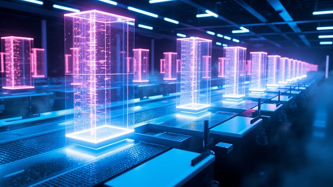 未来感数据工厂中，一排发光的全息 GPU 阵列在传送带上不断印出微小 3D 游戏角色的视频帧