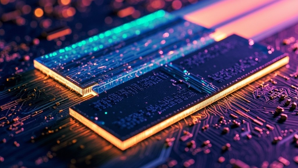 存内计算芯片特写图：DRAM 存储单元内嵌运算单元,数据在内存阵列里就地完成矩阵乘法