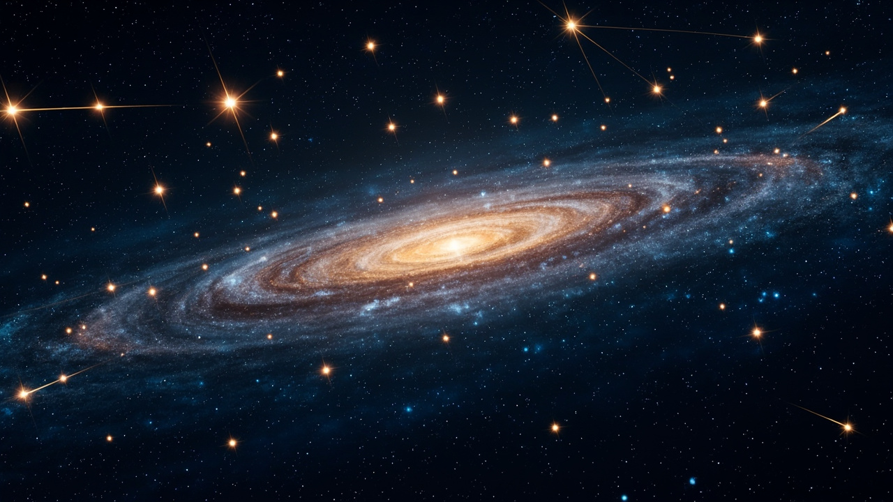 银河系侧面视角的脉冲星测时阵列示意图:数十颗明亮脉冲星分布于银盘各处,星际间有长波长时空涟漪相连