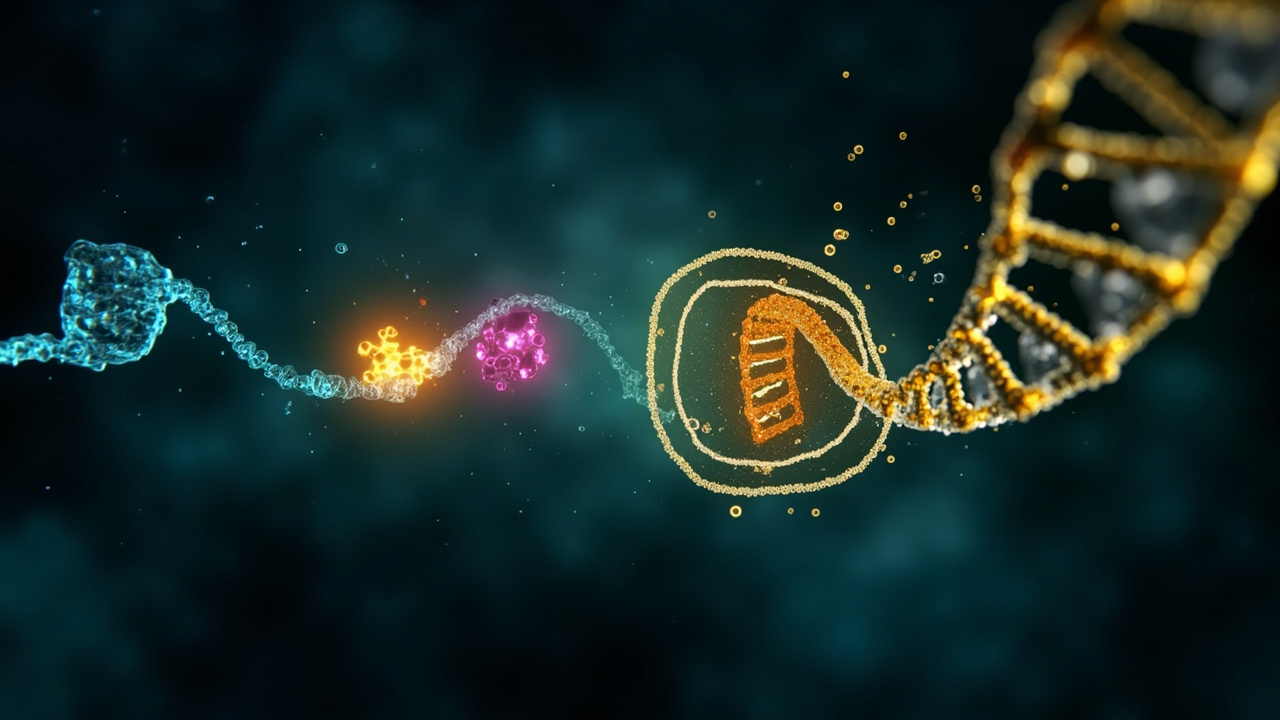核糖体剖面内一条工程化转运 RNA 携带荧光标记的非天然氨基酸（带点击化学手柄）正在进入新生肽链，专用氨酰合成酶在侧翼钳形夹住它