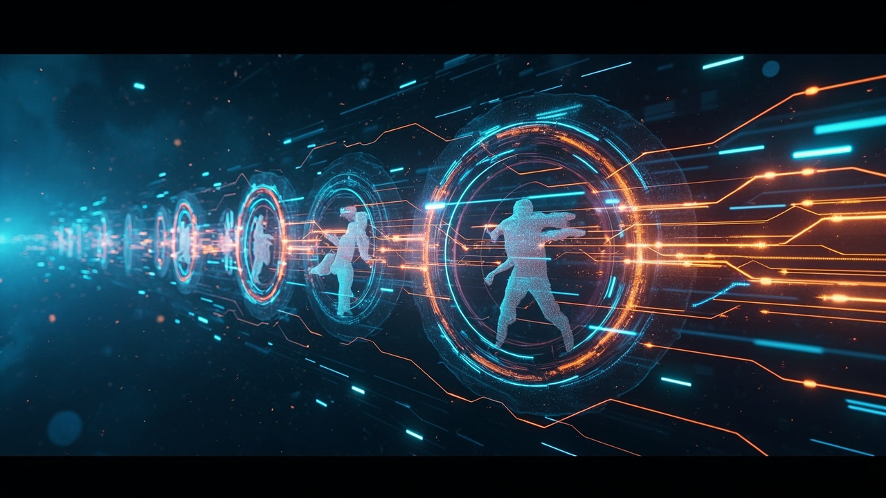 未来感回放系统架构全息图,多帧画面时间线上漂浮,回滚预测环与多个幽灵剪影代表过去与未来状态