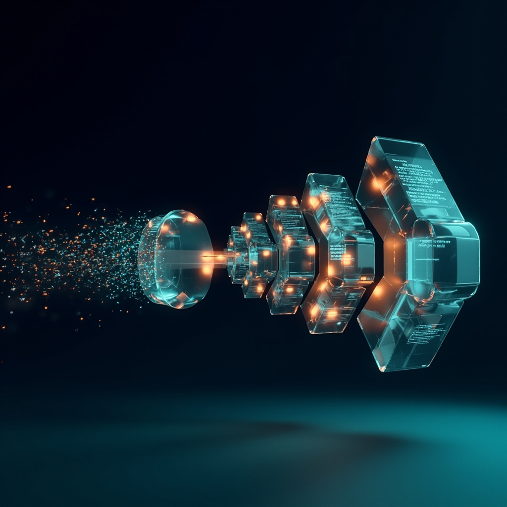 Tokenizer 切分演化:左侧字典单元被拆解为字符与子词碎片,中心神经网络呈现分词边界跨尺度变化,右侧同一段文本在不同粒度下被切成不同长度的几何单元,琥珀色高亮出现在合并节点。